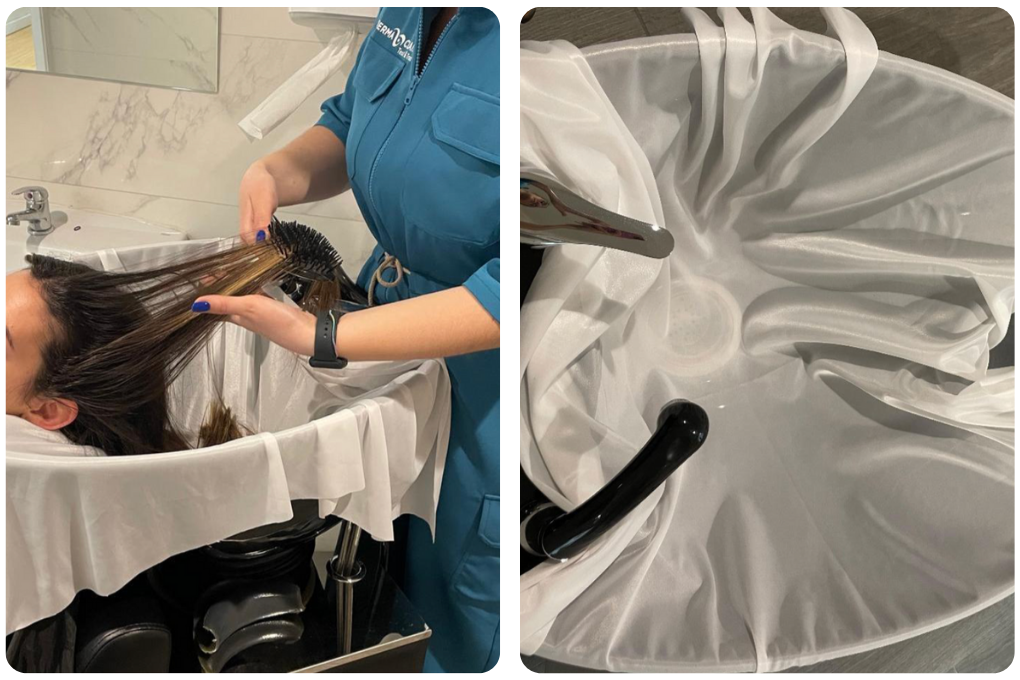 A split image showing a stylist brushing wet hair over a lined basin and a close-up of the basin.