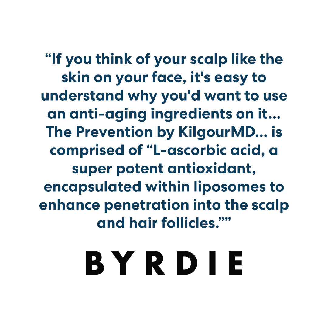 A quote about scalp care and anti-aging ingredients, attributed to the publication Byrdie on a white background.