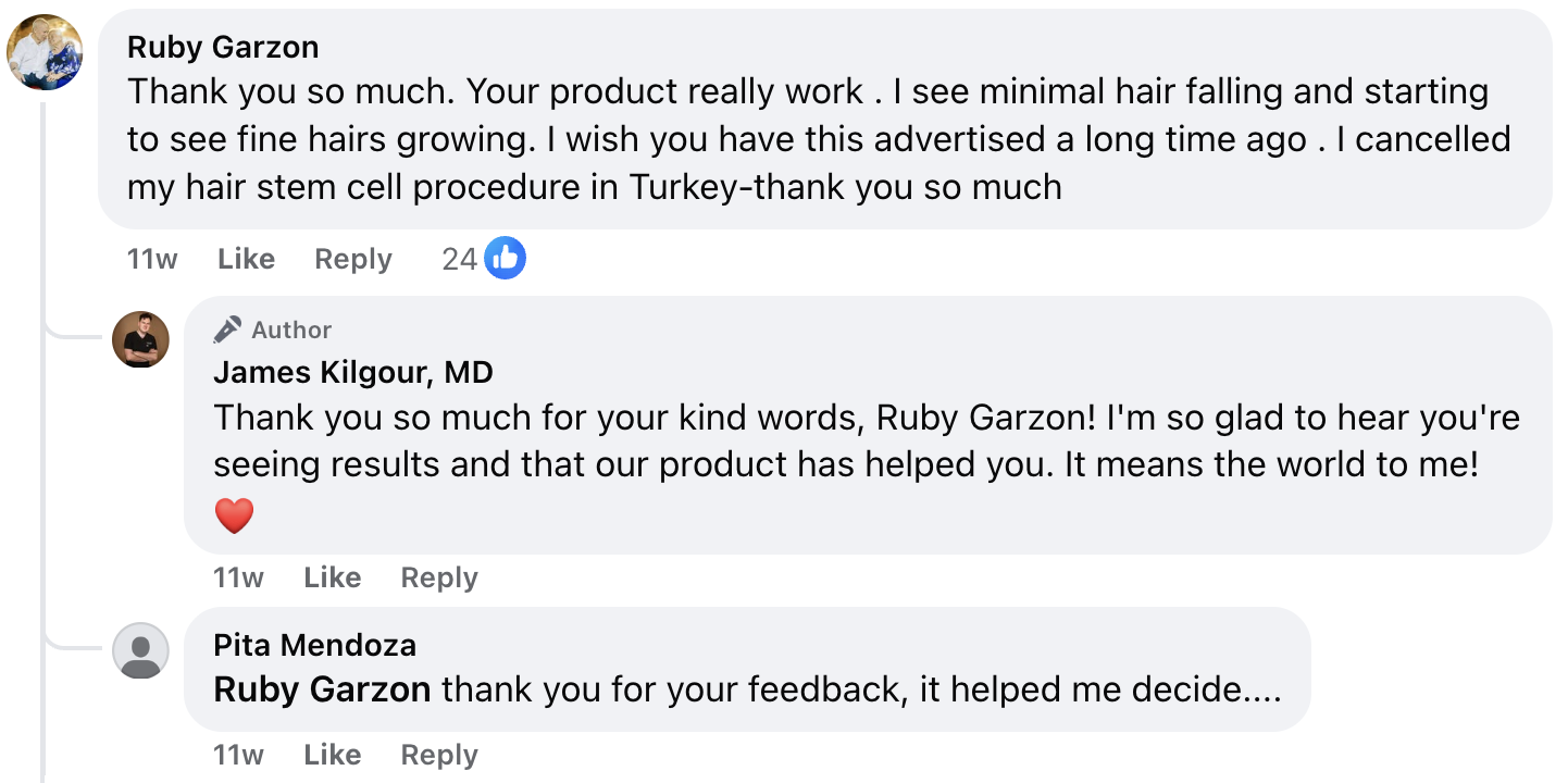 A screenshot of a Facebook comment thread with a positive customer review and replies from the author.