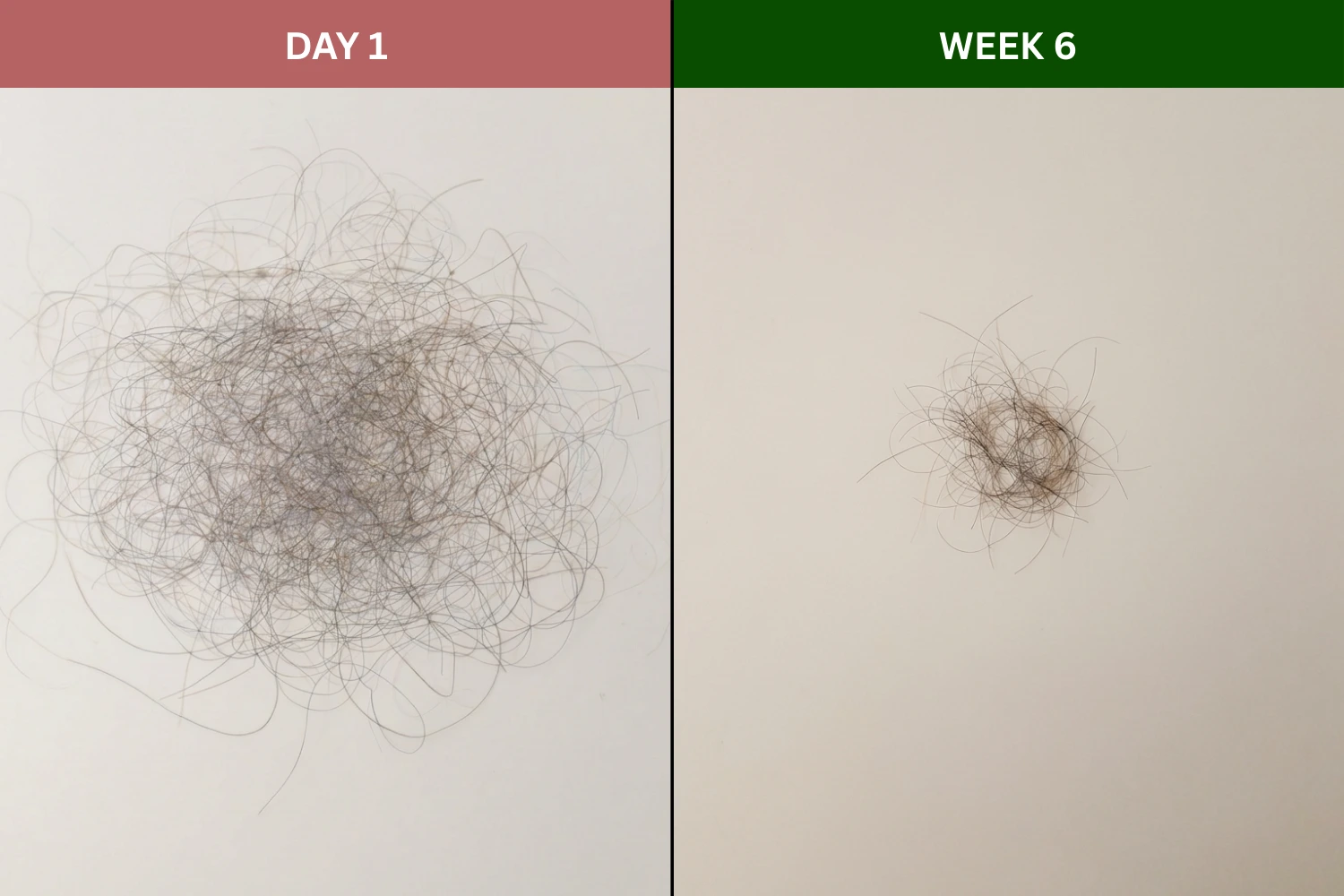 A before and after image showing a large pile of hair labeled 'Day 1' and a much smaller pile labeled 'Week 6'.