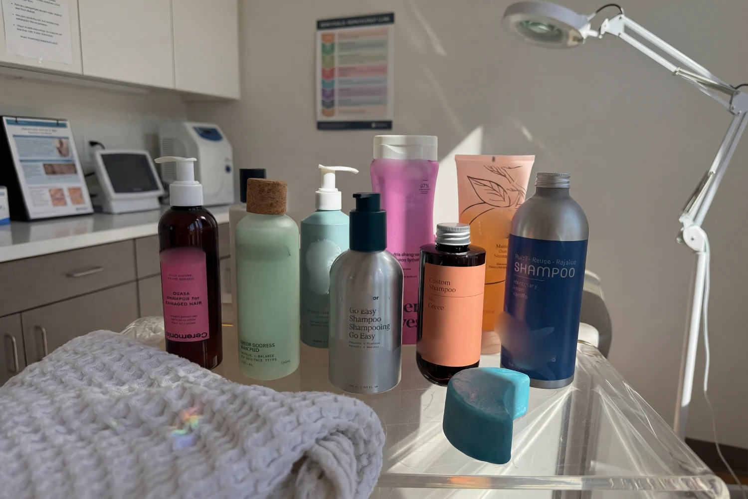 Front view of assorted shampoo bottles and a blue solid shampoo bar on a clear acrylic tray in a dermatology exam room
