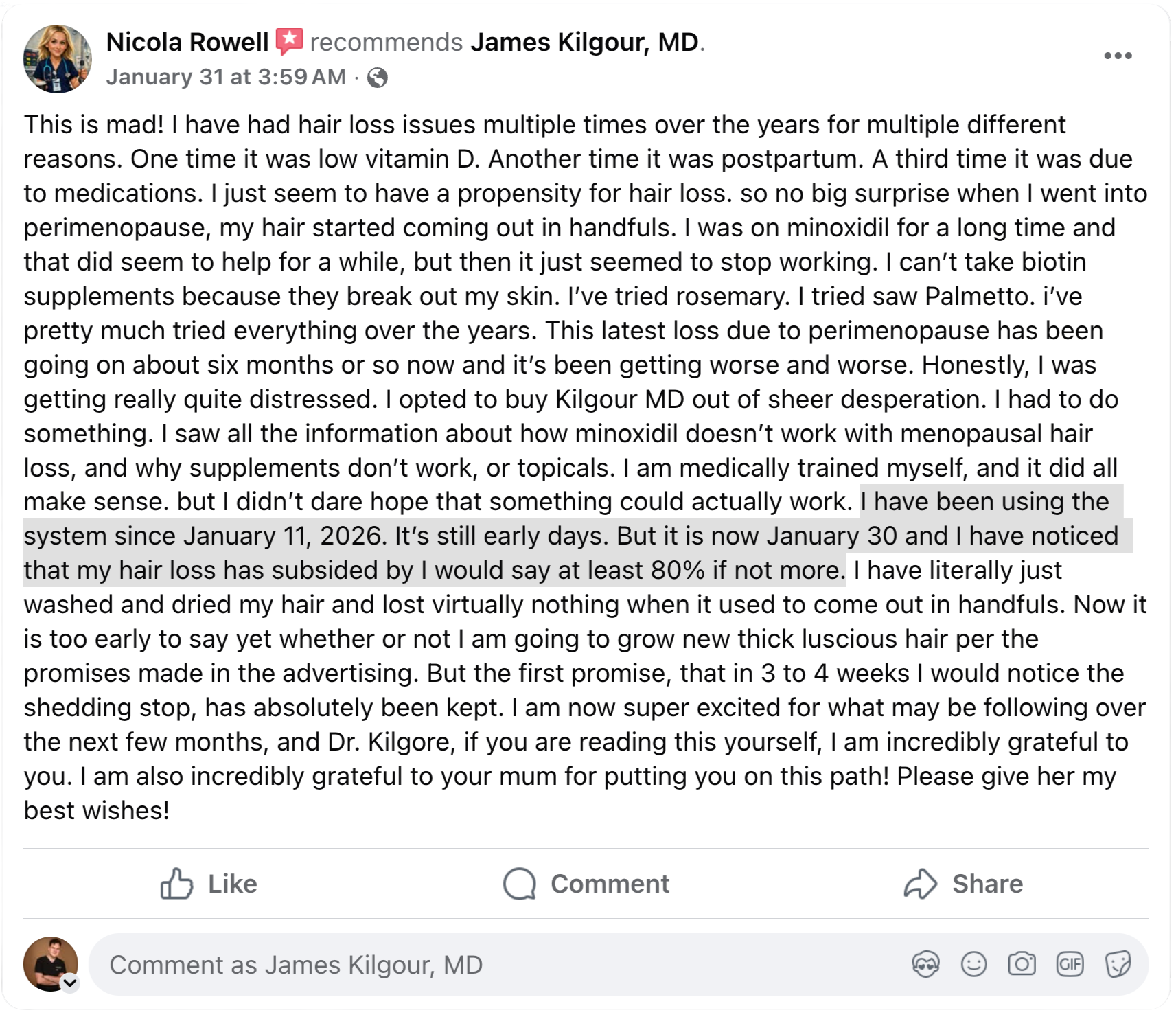 Screenshot of a Facebook recommendation by Nicola Rowell for James Kilgour, MD, regarding a hair loss system.