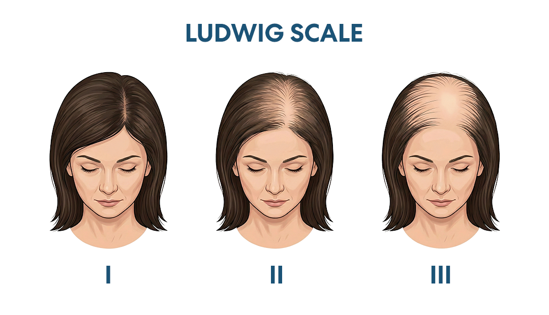 An illustration of the Ludwig Scale, showing nine stages of female pattern hair loss from above.