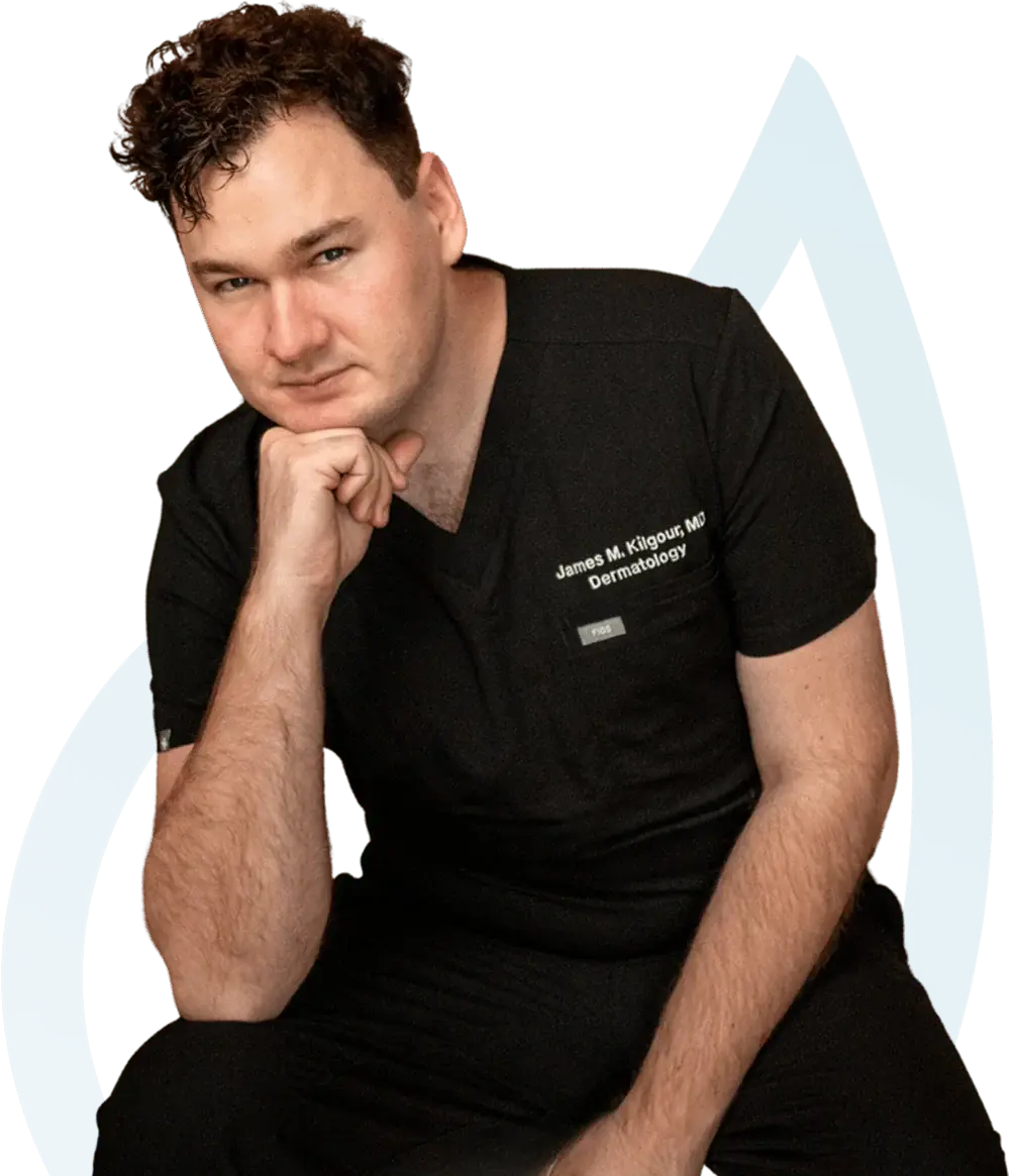 Seated dermatologist resting chin on hand, wearing black medical scrubs against a green background with a stylized blue droplet