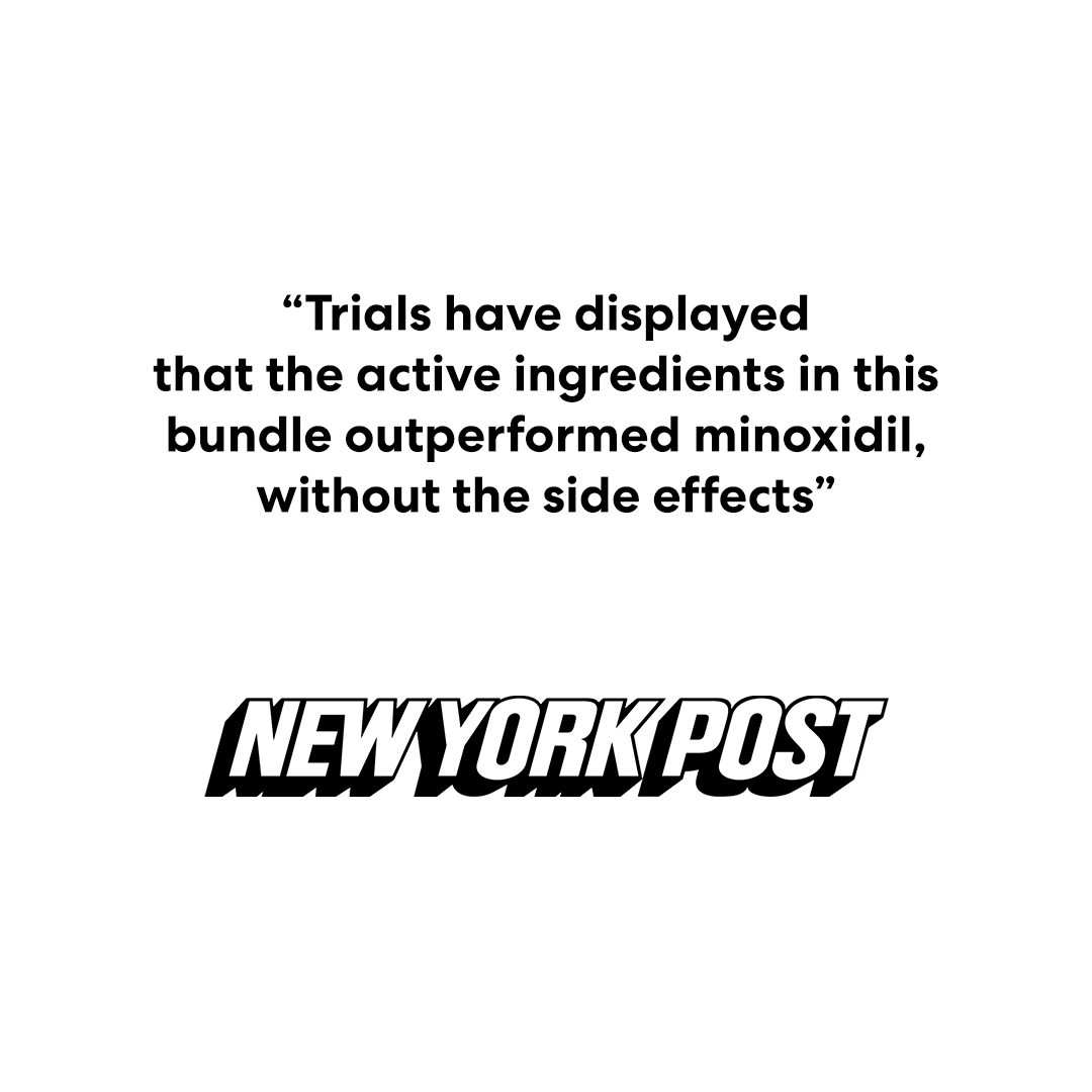 A quote about a bundle outperforming minoxidil, attributed to the New York Post, on a white background.