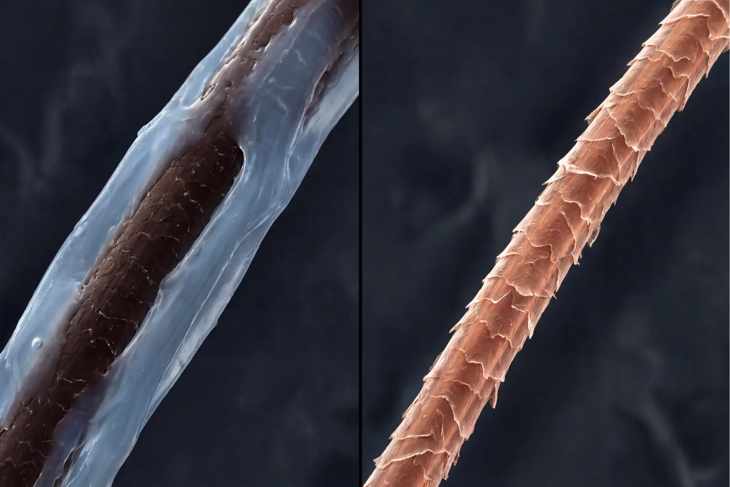 Split comparison showing silicone-coated hair with sealed, flattened cuticle (left) and open, scaly cuticle hair that absorbs moisture (right)