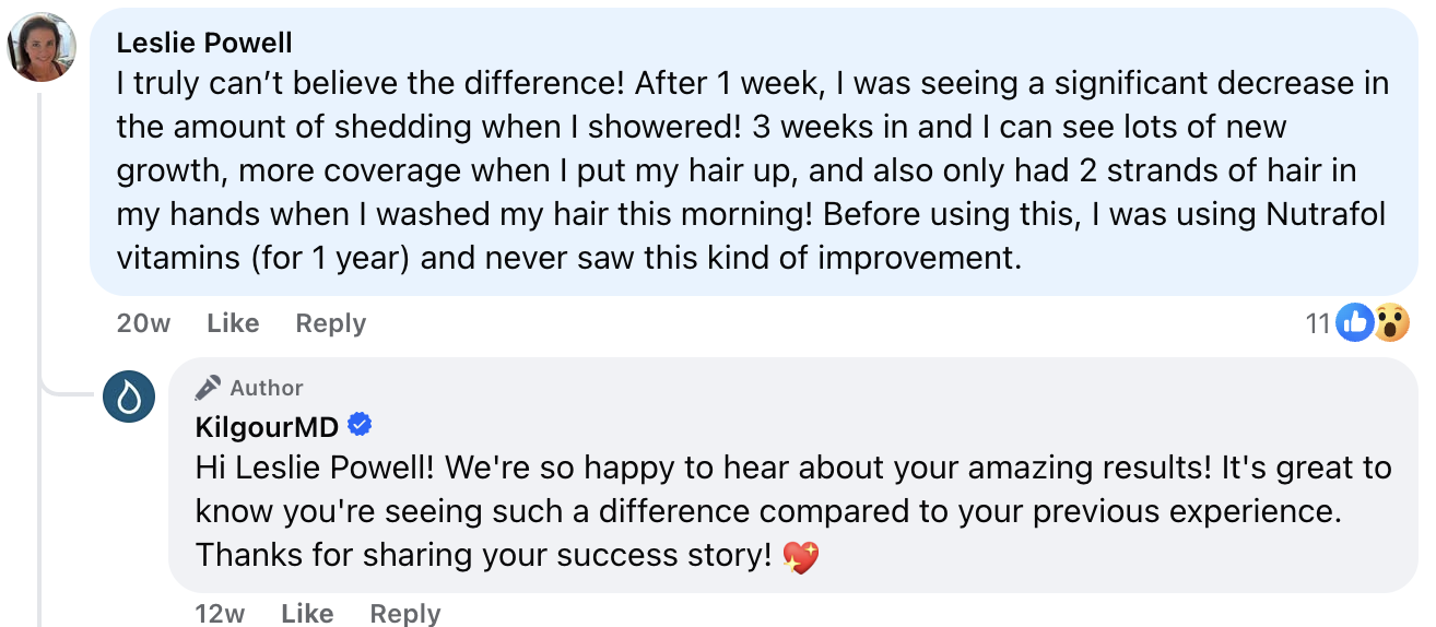 A Facebook testimonial from Leslie Powell about her positive results with a hair product and a reply from KilgourMD.