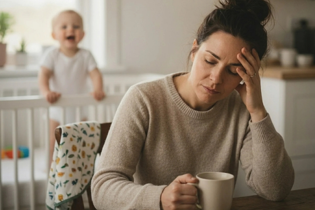 Exhausted postpartum mother with baby in background