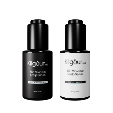 Two Kilgour MD scalp serum bottles, one black and one white, side-by-side on a white background.