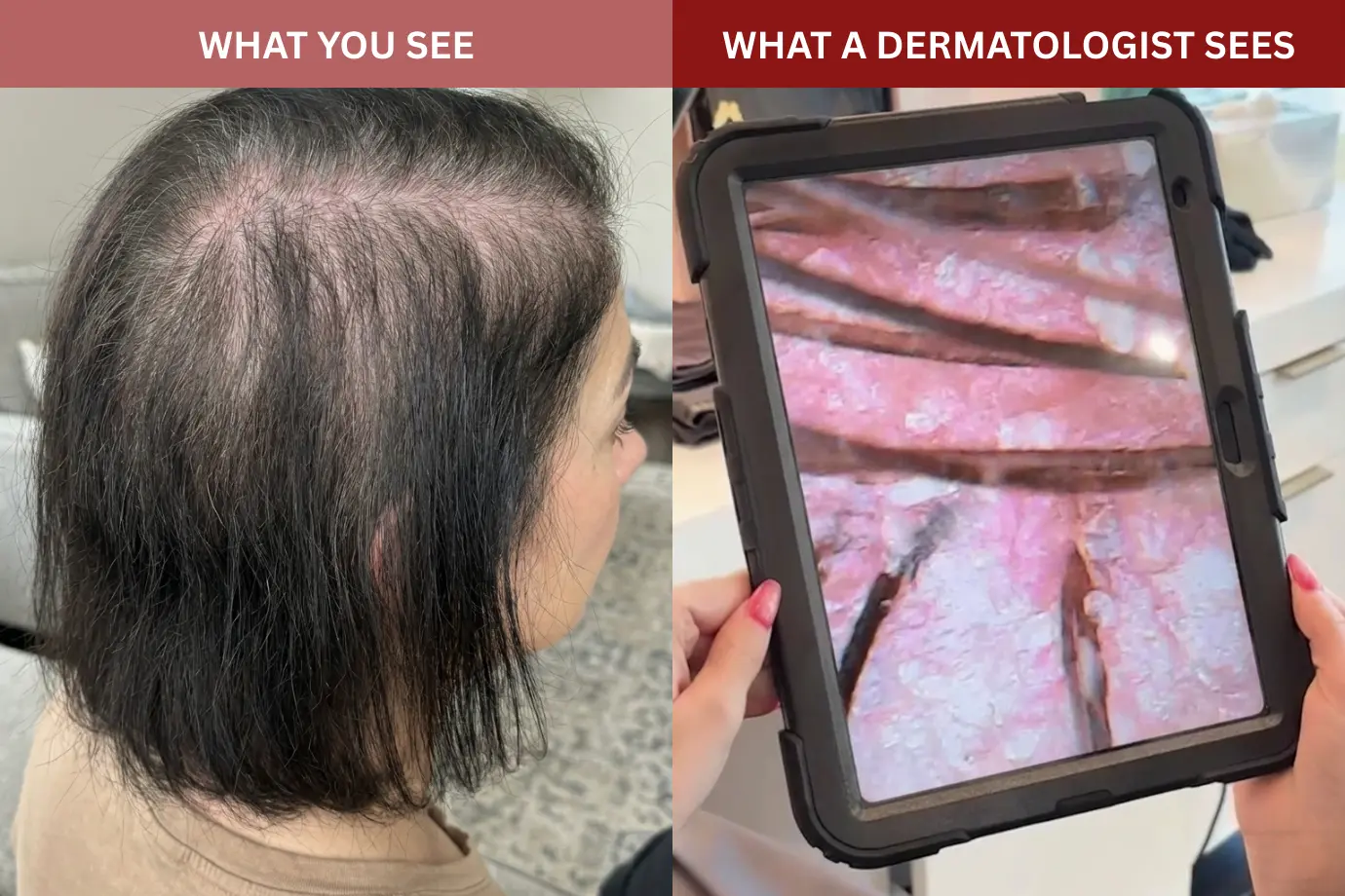 A split-screen image comparing a woman's thinning hair with a magnified, close-up view of her scalp.