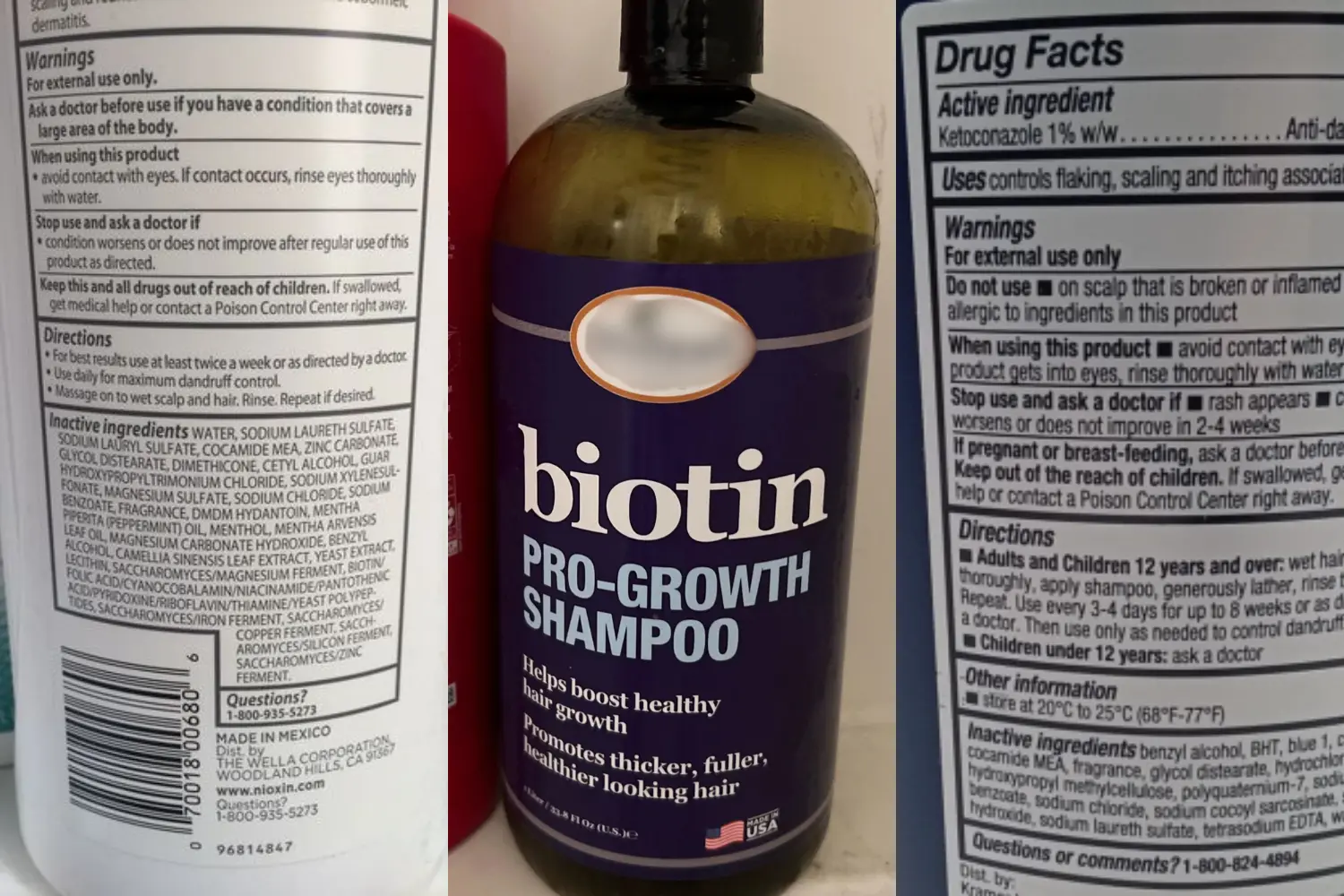 Front of Biotin Pro-Growth Shampoo bottle showing label Helps boost healthy hair growth between two bottles with drug facts