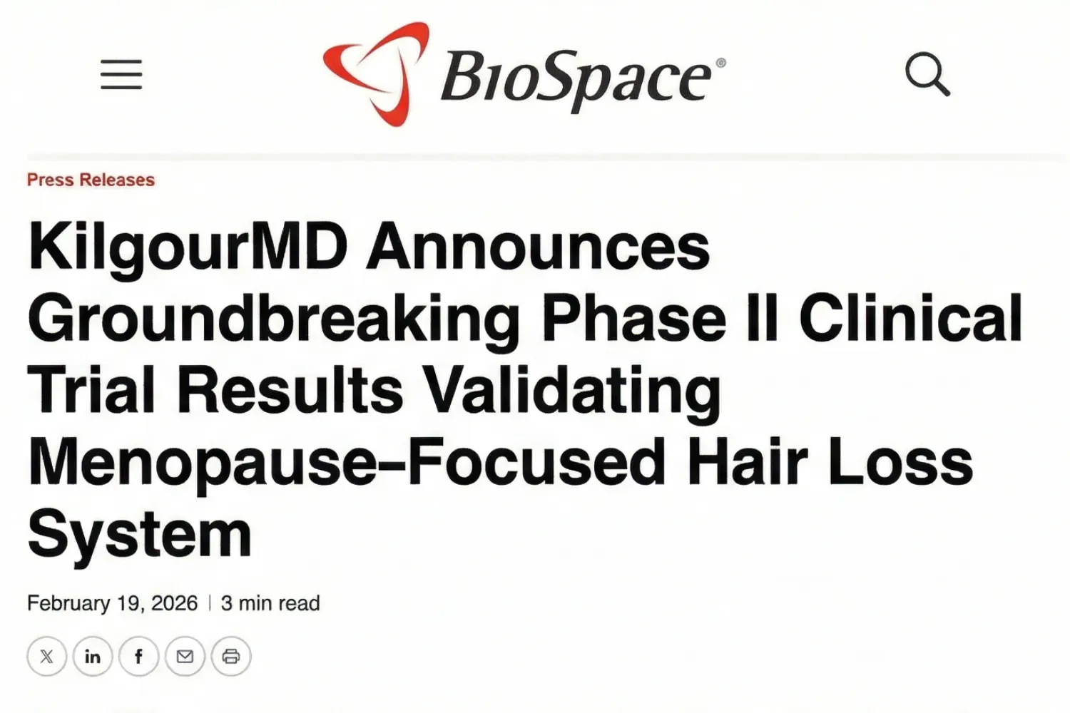 BioSpace press release: KilgourMD announces Phase II clinical trial results