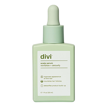 A light green, square bottle of Divi scalp serum with a dropper cap on a white background.