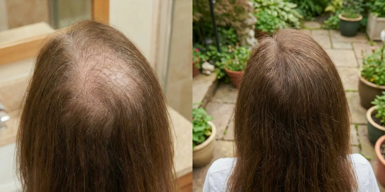 Side by side back views of a woman's head before and after three years of hair regrowth, left thinning, right fuller hair