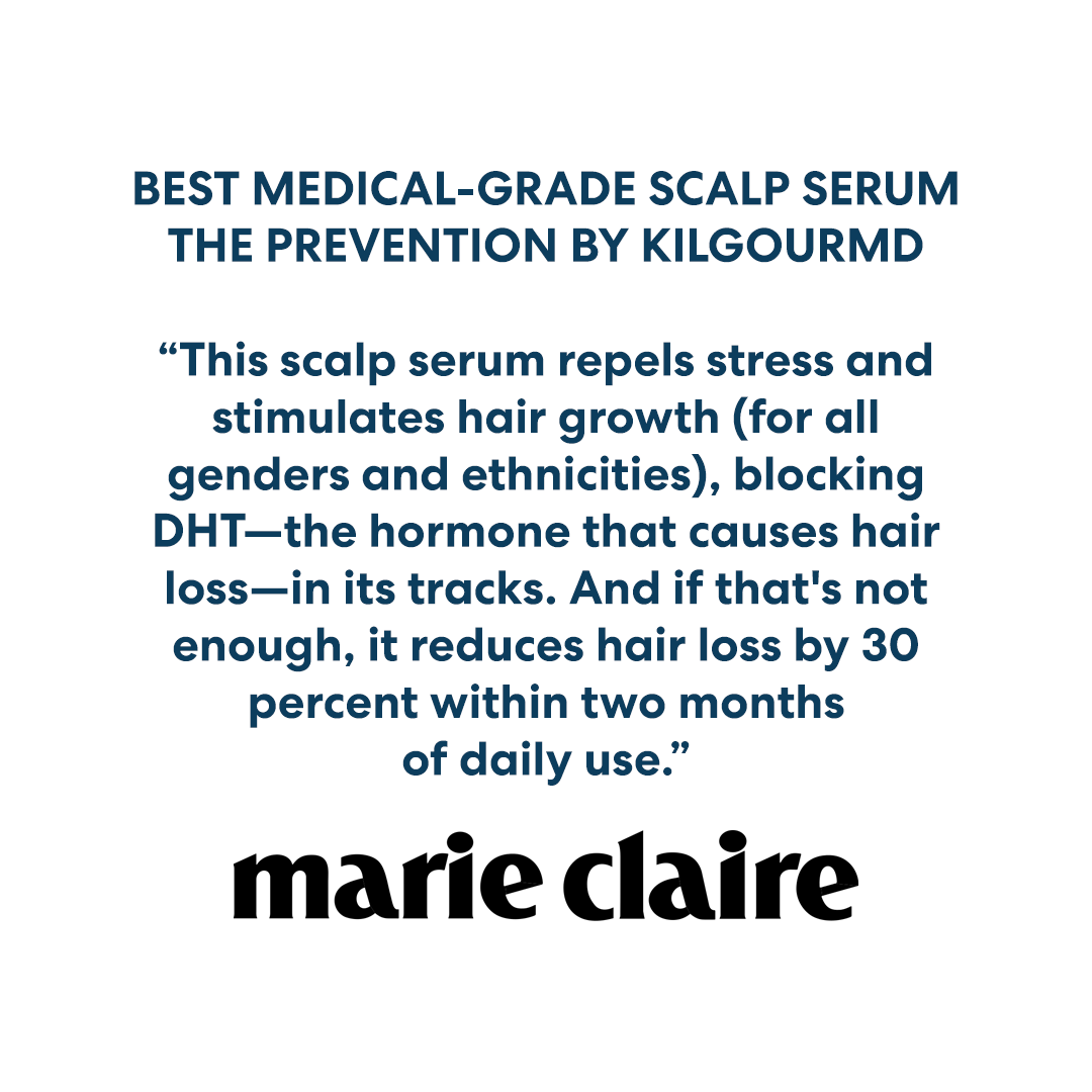 A quote from Marie Claire magazine about The Prevention by KilgourMD, the best medical-grade scalp serum.