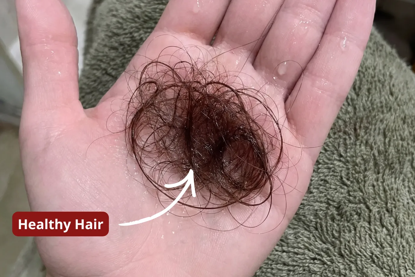 Photograph of a palm holding wet brown hair strands with an arrow and overlay text Healthy Hair indicating healthy looking hair