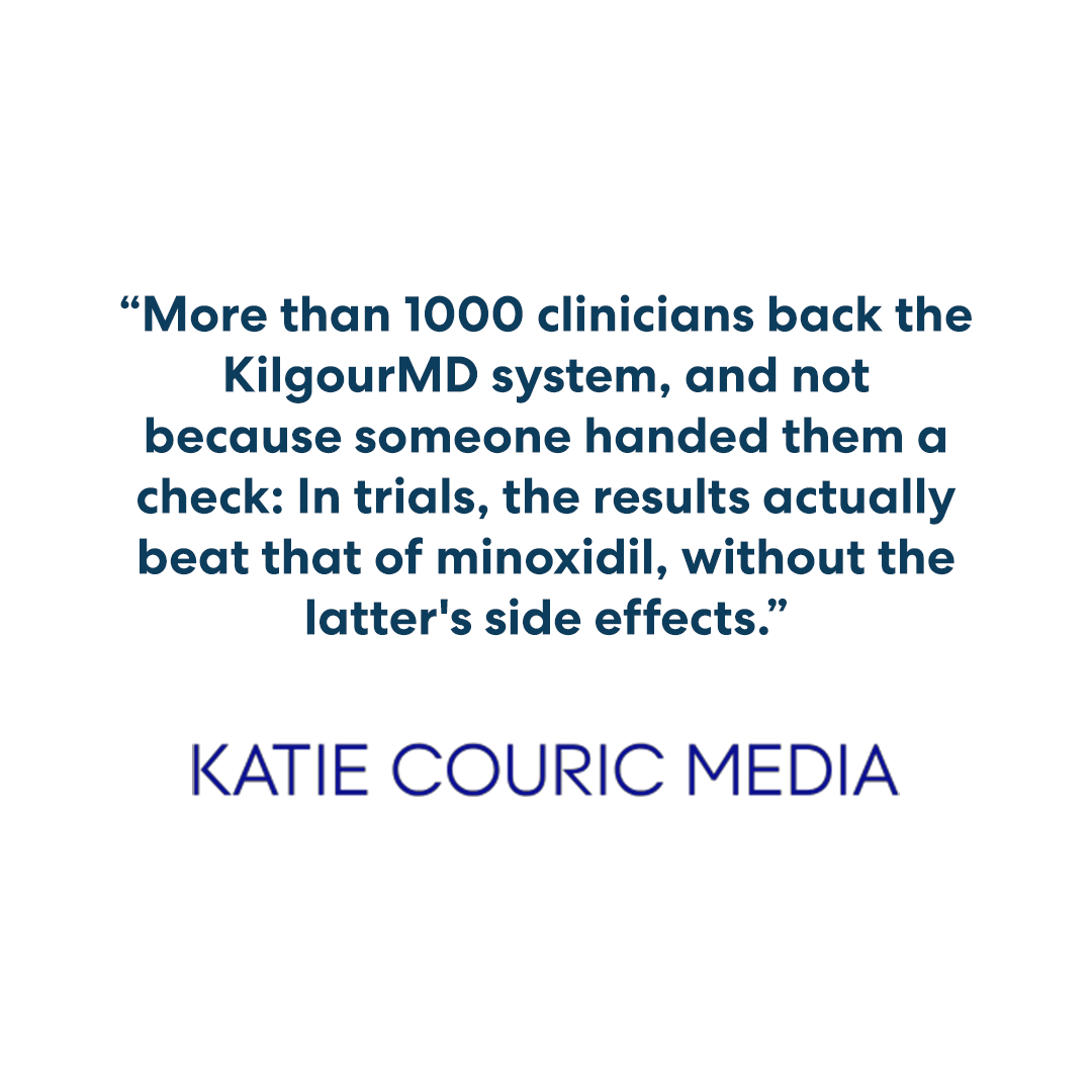A quote from Katie Couric Media endorsing the KilgourMD system's effectiveness compared to minoxidil.