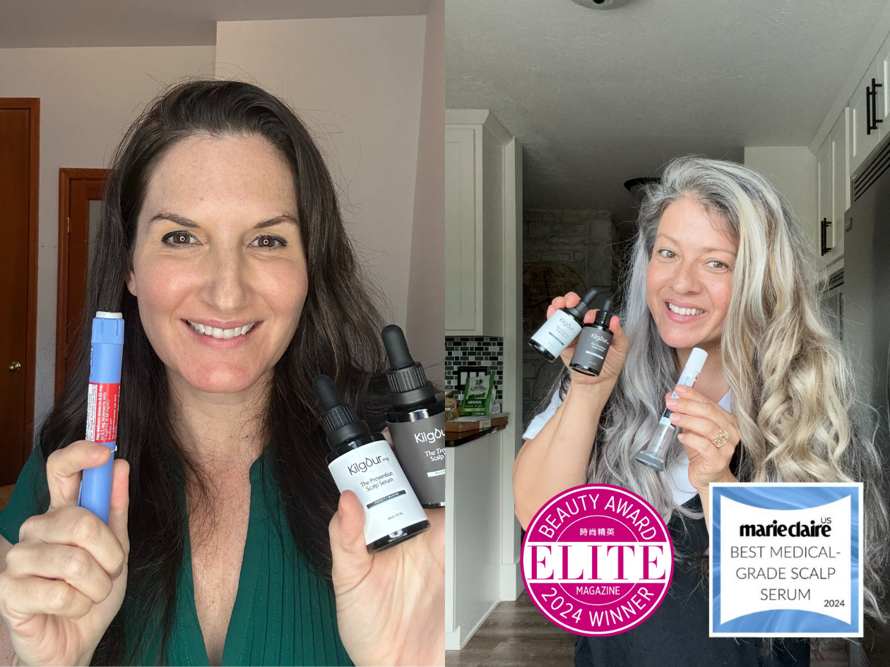 Two women holding scalp serum bottles with award icons displayed.