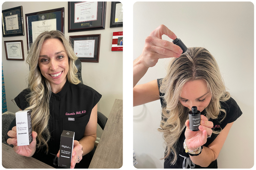 Person showing and applying hair growth serum in a clinic environment.