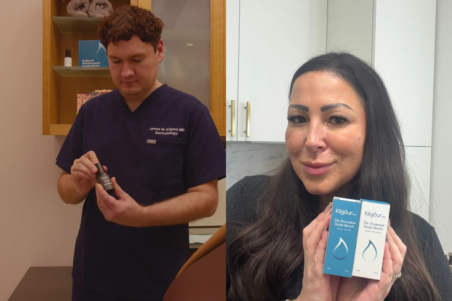 A split image shows a man in scrubs holding a product bottle and a woman holding two product boxes.