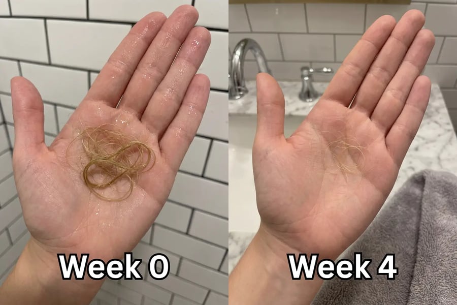 Jean &mdash; wash-day shedding, week 0 and week 4