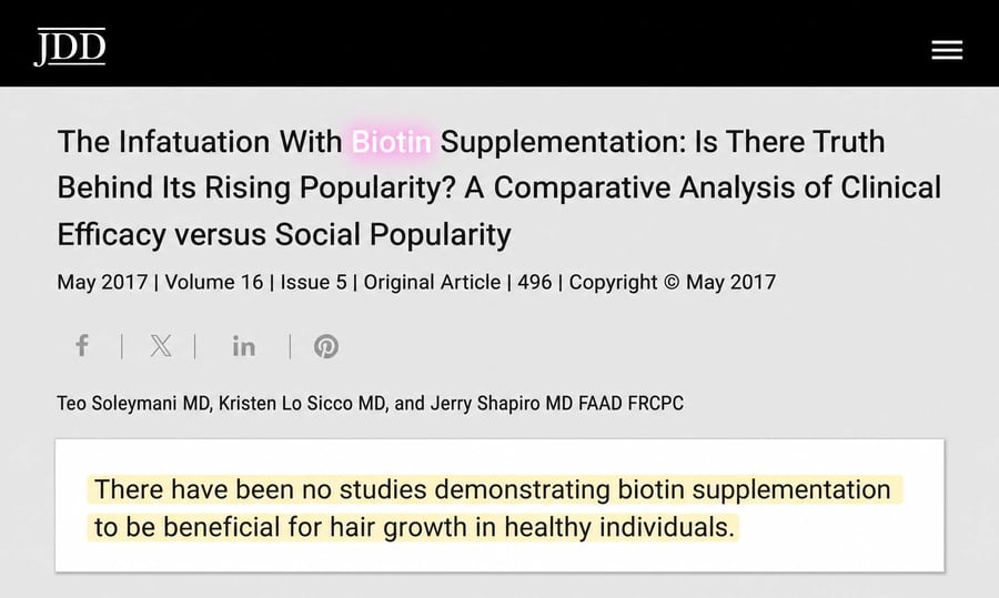 Journal review &mdash; no studies show biotin benefits hair growth in healthy individuals