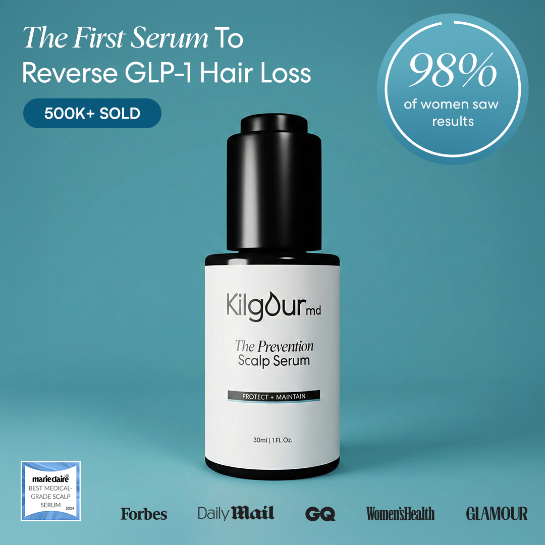 An advertisement for Kilgour md The Prevention Scalp Serum against a teal background with media logos.