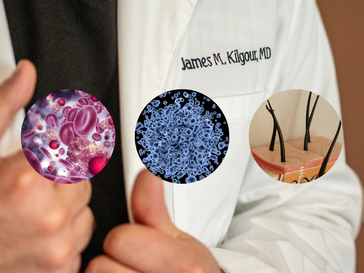 Doctor in white coat with three scientific illustrations overlaid.