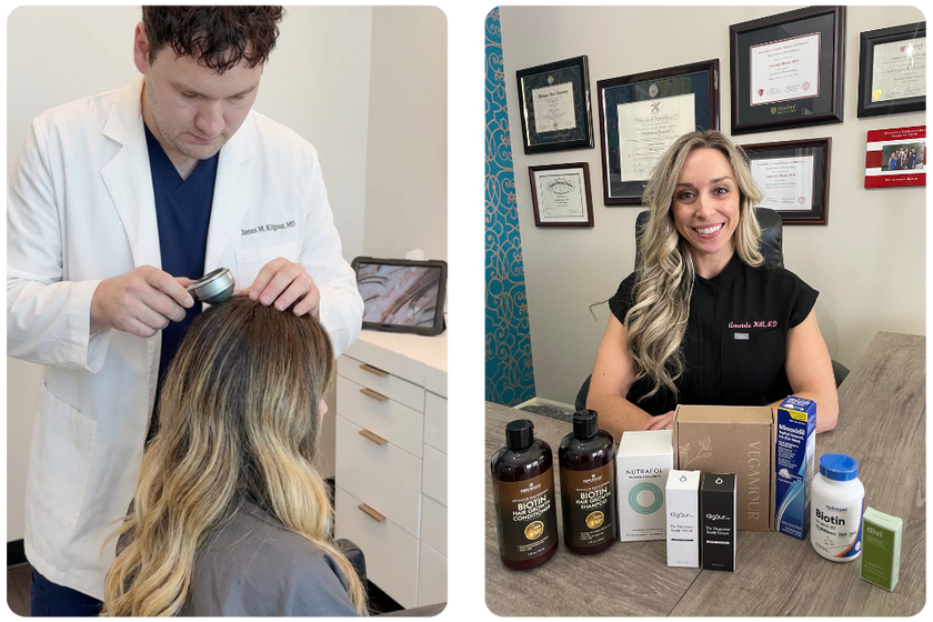 Man examining woman's scalp; woman with hair products on table.