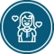 A circular blue icon with a white line drawing of a smiling person surrounded by hearts.