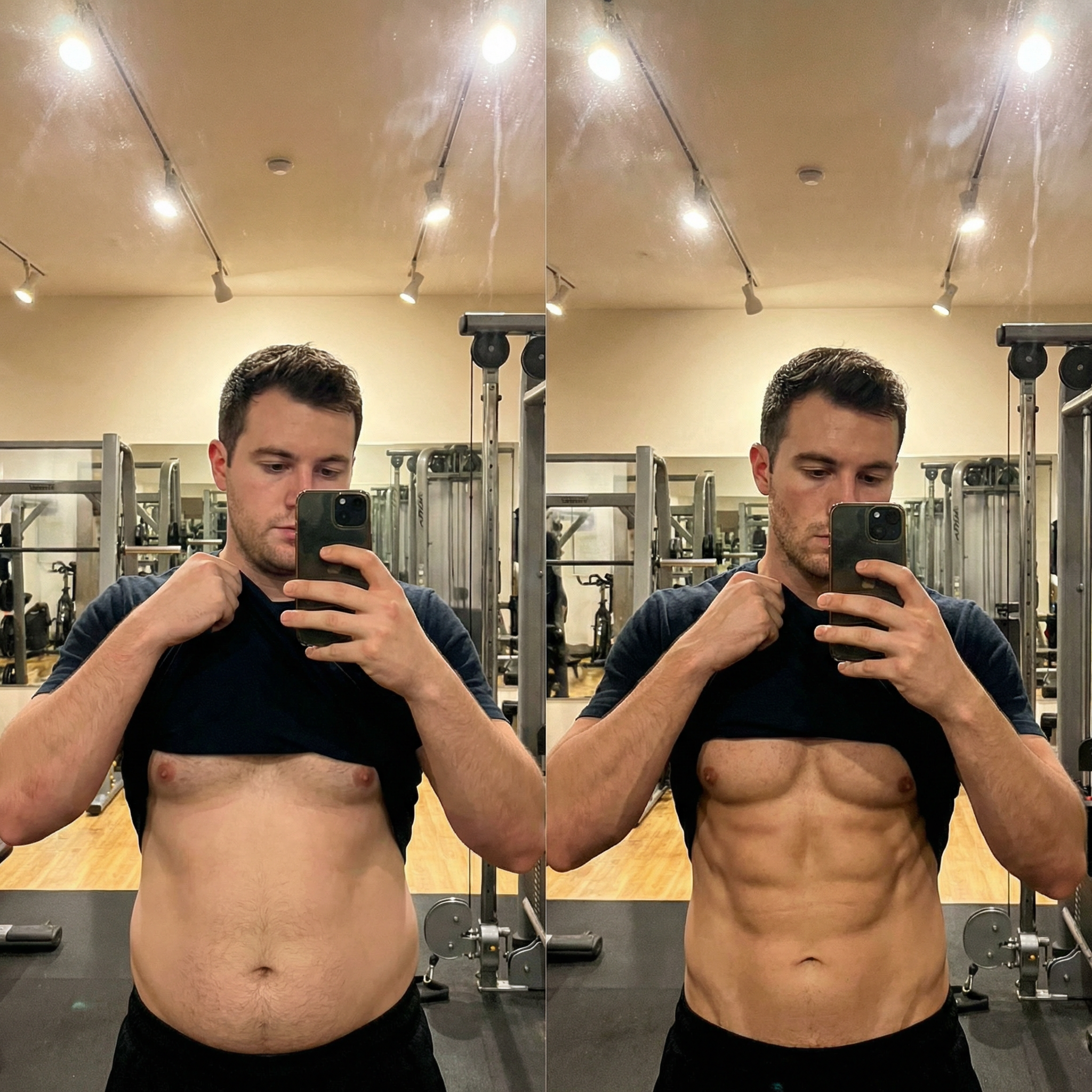 A before-and-after photo of a man's torso, showing a transformation from a soft belly to defined abs.