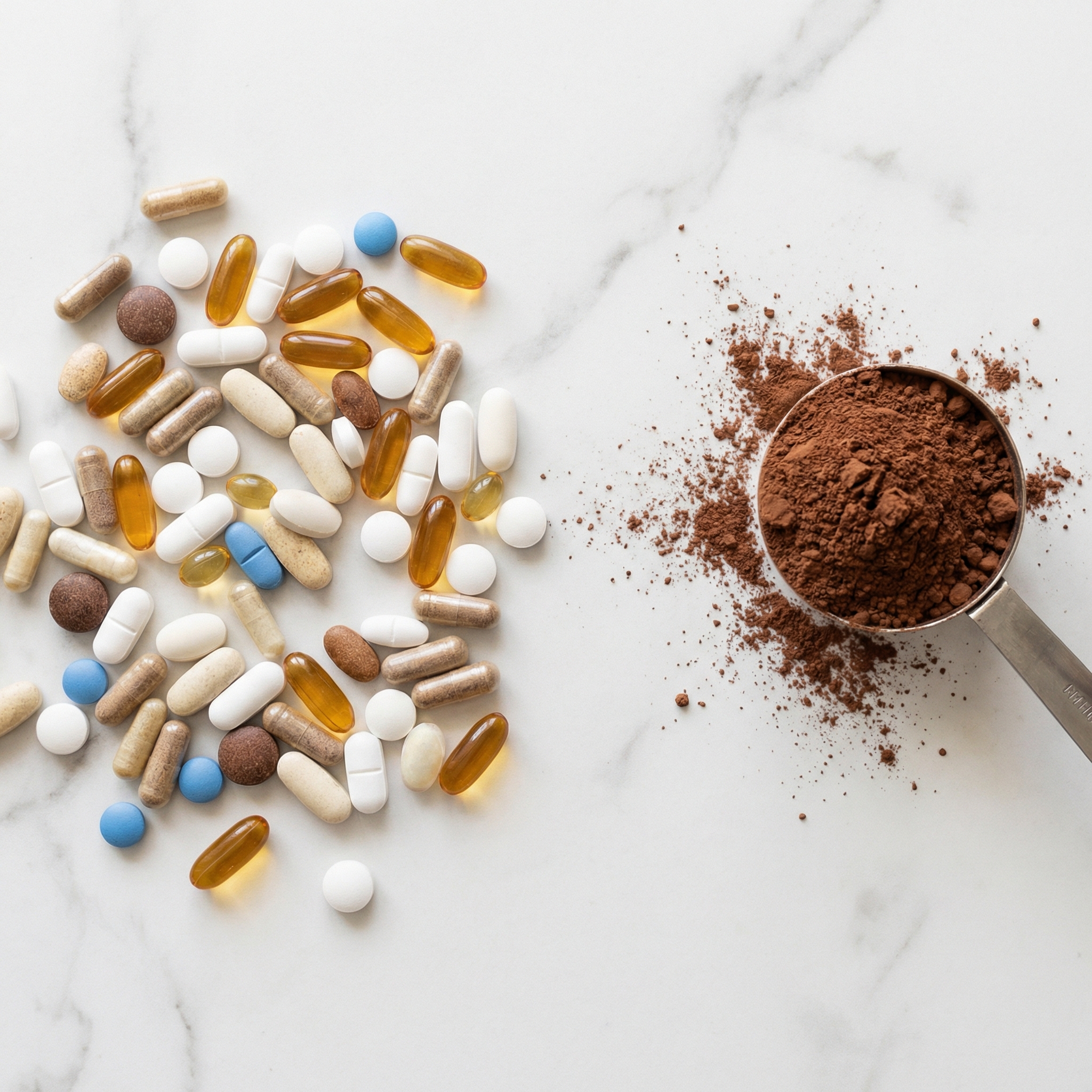 An overhead view of assorted vitamin pills and capsules next to a scoop of brown powder on marble.