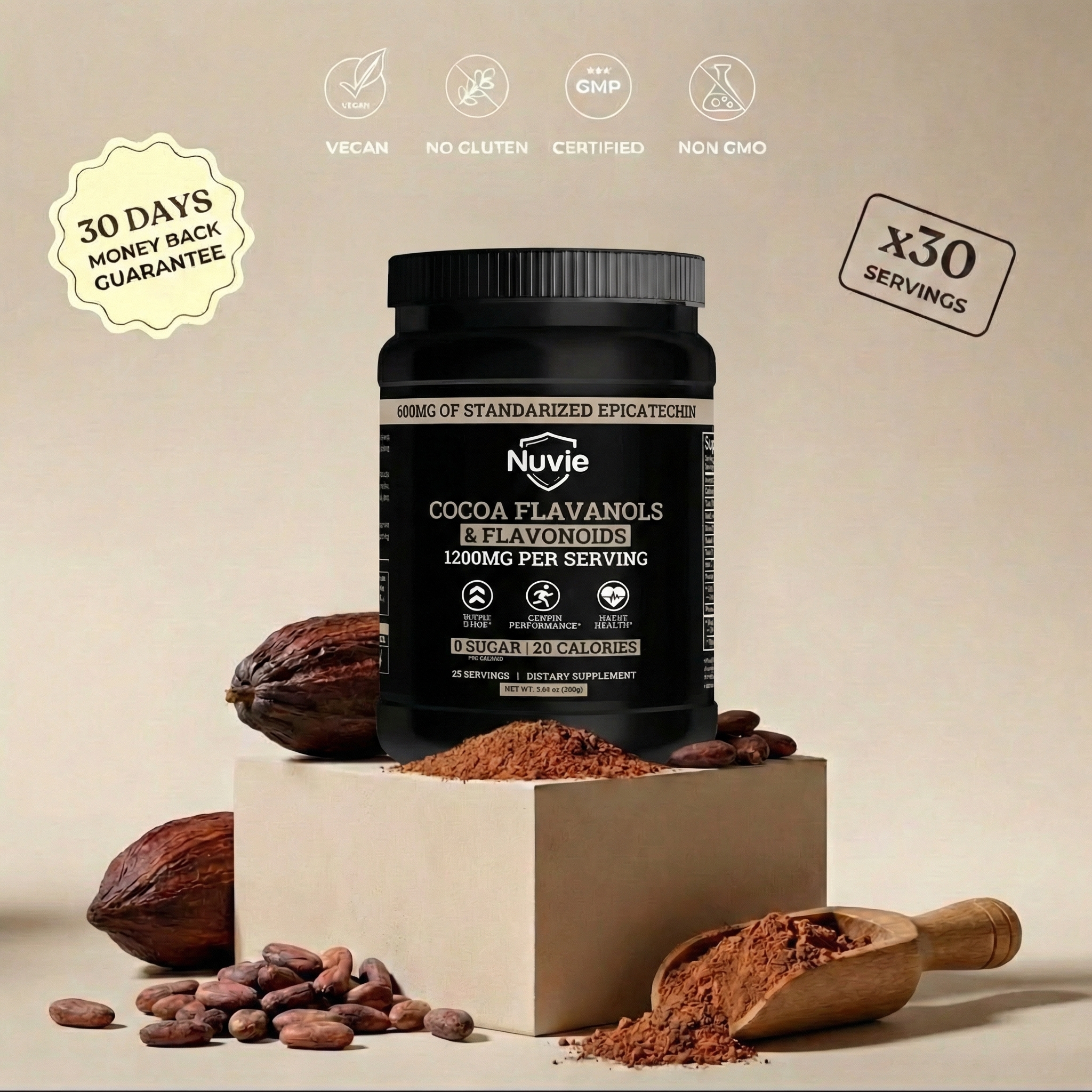 A jar of Nuvie Cocoa Flavanols supplement displayed with cocoa pods, beans, and powder.