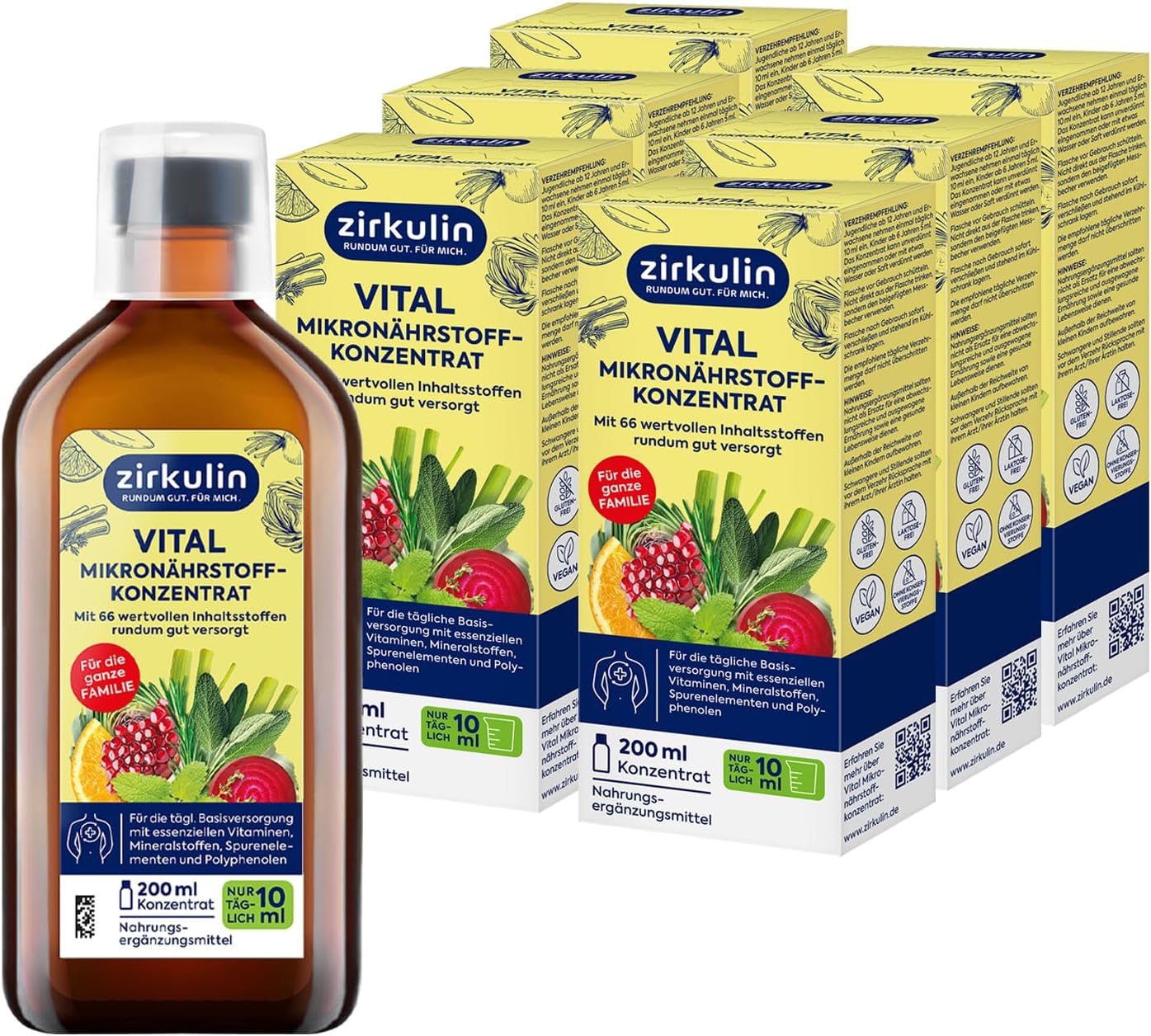 A bottle of Zirkulin Vital Mikronährstoff-Konzentrat stands in front of six of its product boxes.