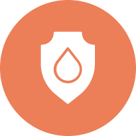 An orange circle containing a white shield icon with a water droplet inside.