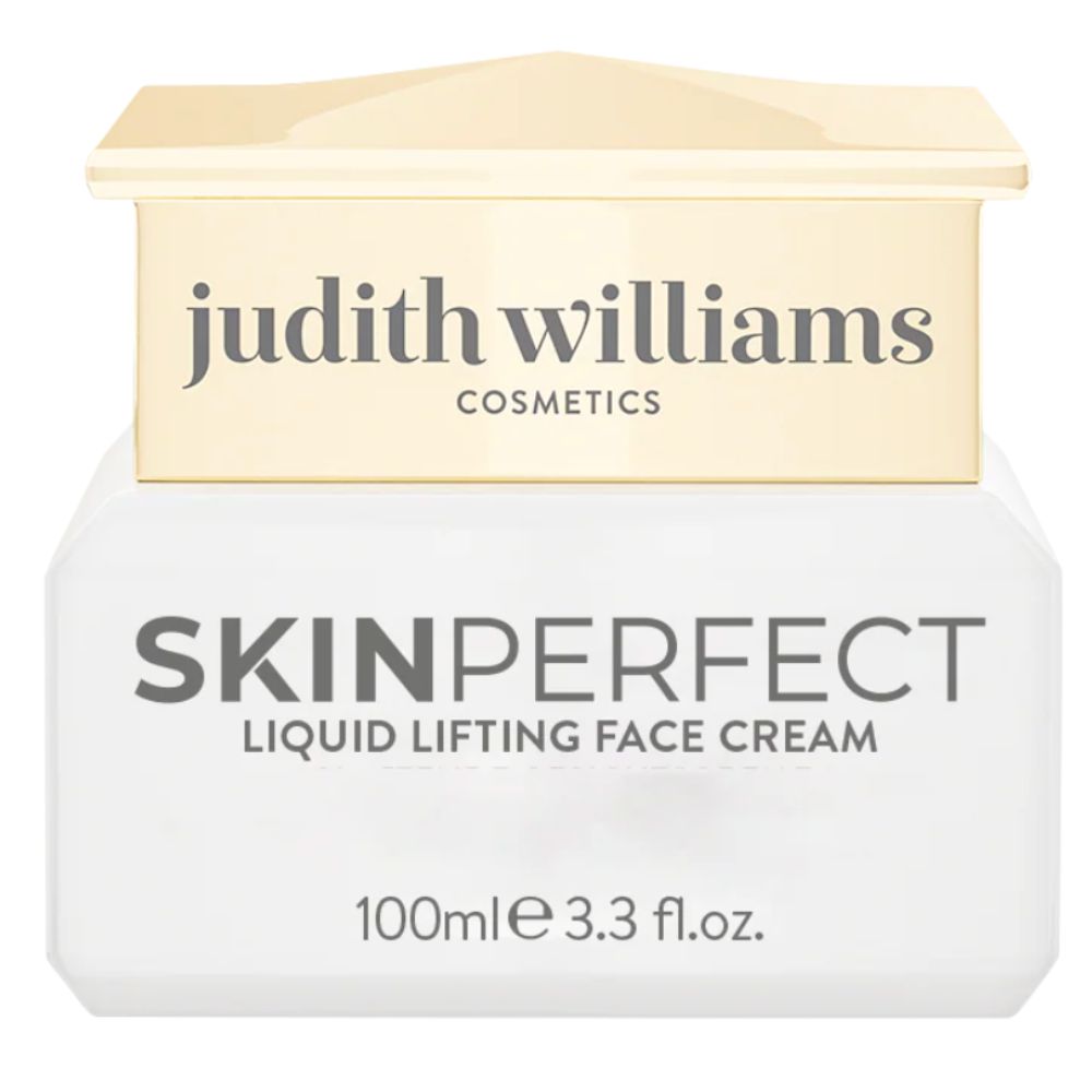 Cream container labeled 'Judith Williams Cosmetics Skin Perfect Liquid Lifting Face Cream'.
