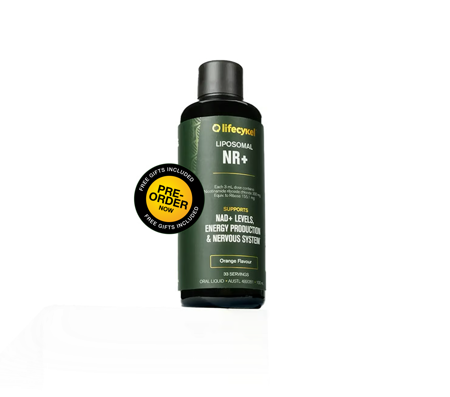 A bottle of Lifecykel Liposomal NR+ oral liquid supplement with a 'Pre-Order Now' sticker.