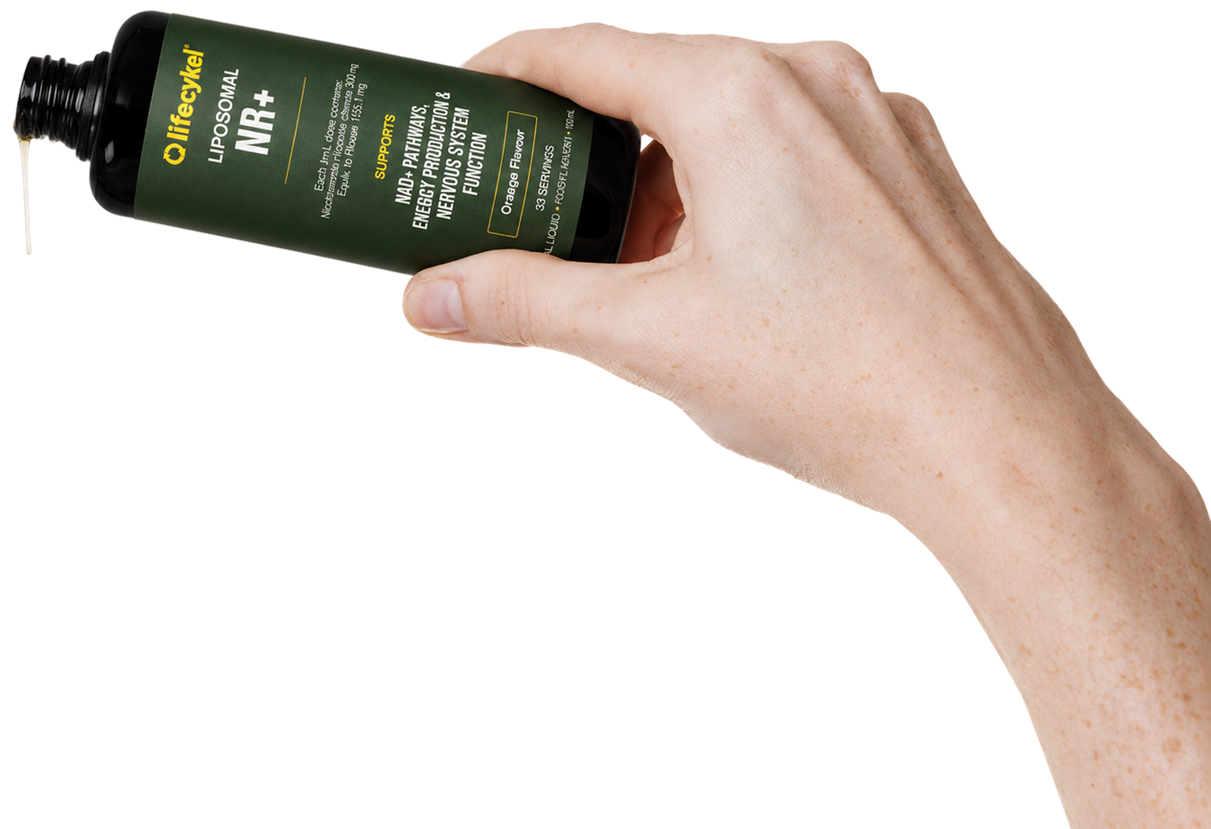 A hand holds a bottle of Liposomal NR+ with a drop of white liquid coming out.