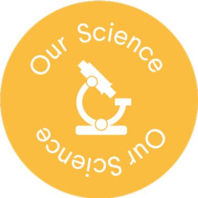 Yellow circle with a white microscope and 'Our Science' text.