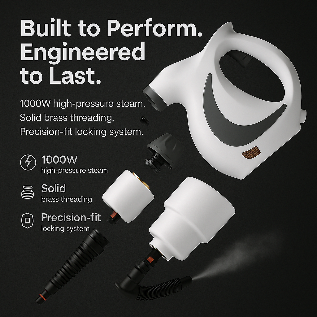 Exploded view of a steam cleaner with text about features and specifications.
