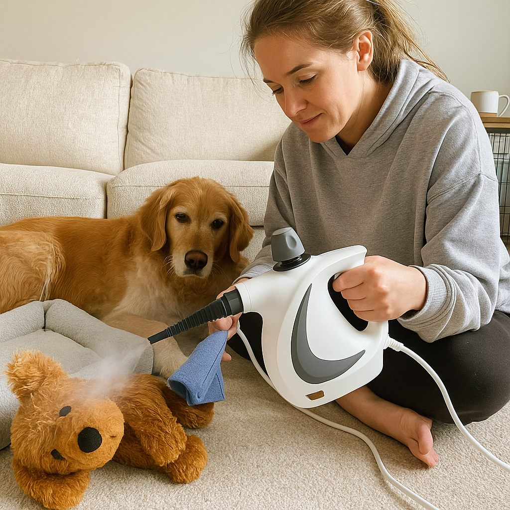 Woman using a steam cleaner on a stuffed toy with a dog watching.