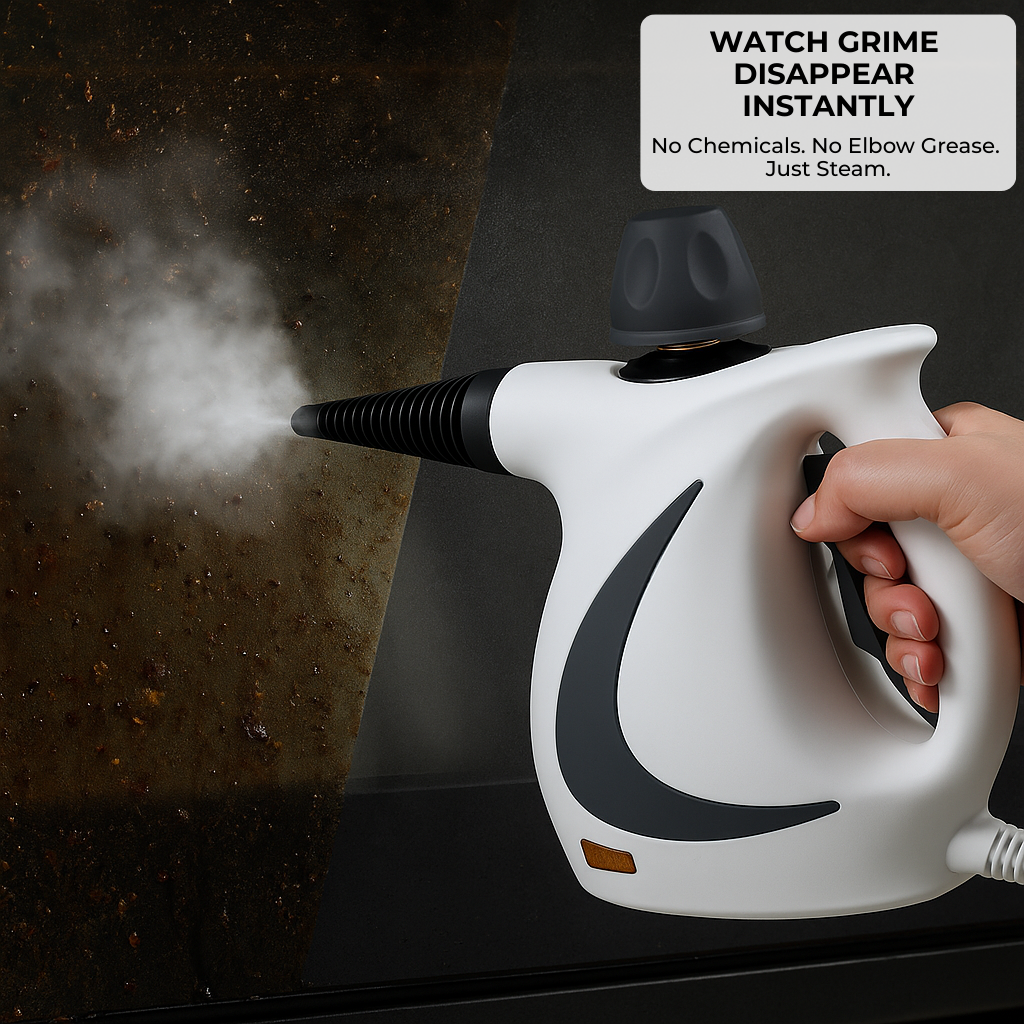 Handheld steam cleaner removing grime from a surface.