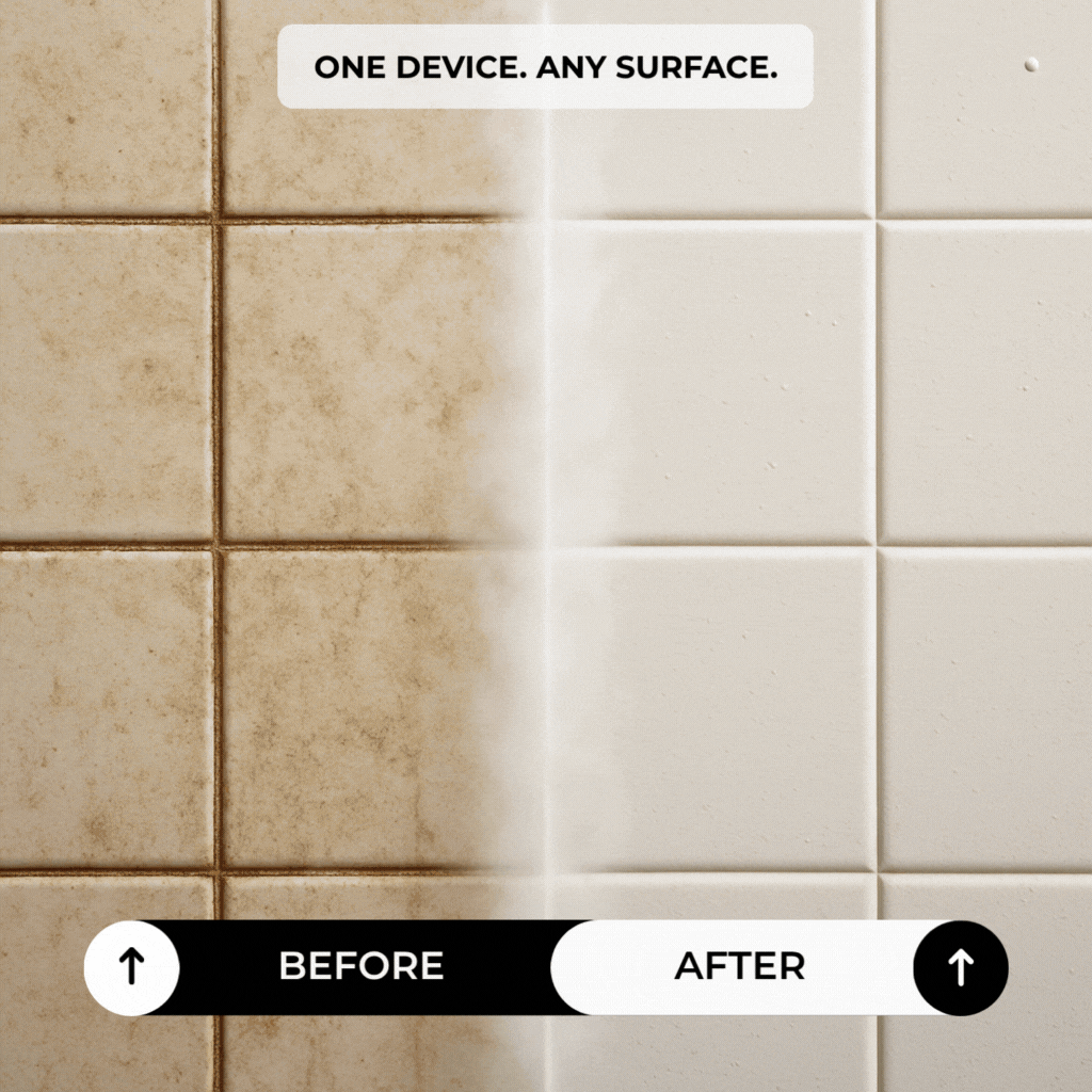 Comparison of dirty and clean tiled surfaces with 'Before' and 'After' labels.