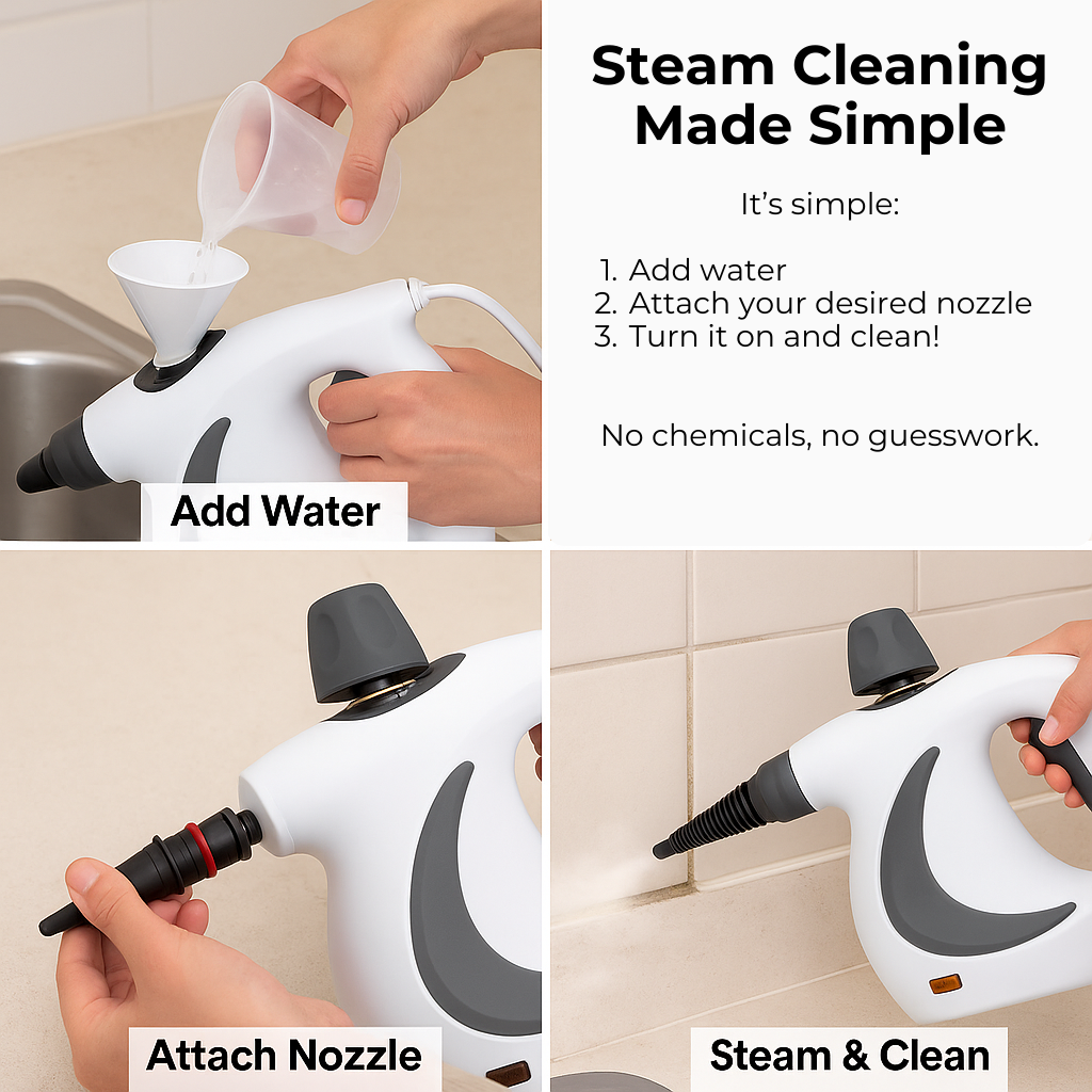 Collage showing steps for using a steam cleaner: add water, attach nozzle, steam and clean.