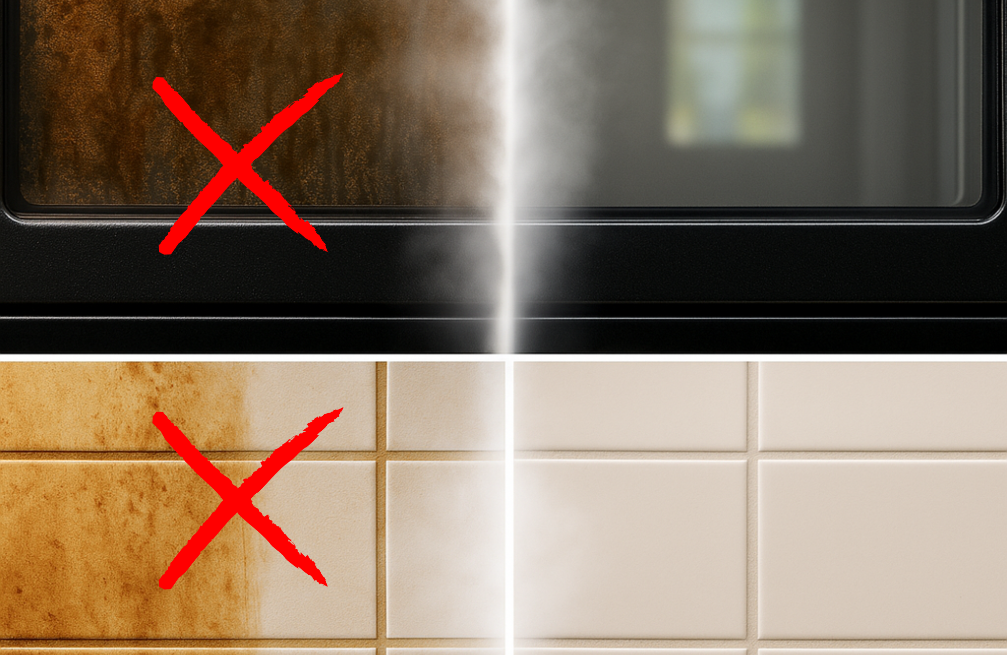 Split image showing dirty and clean surfaces with red X marks.
