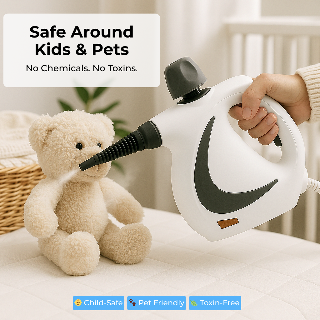 Hand holding a steamer near a teddy bear with safety text overlay.