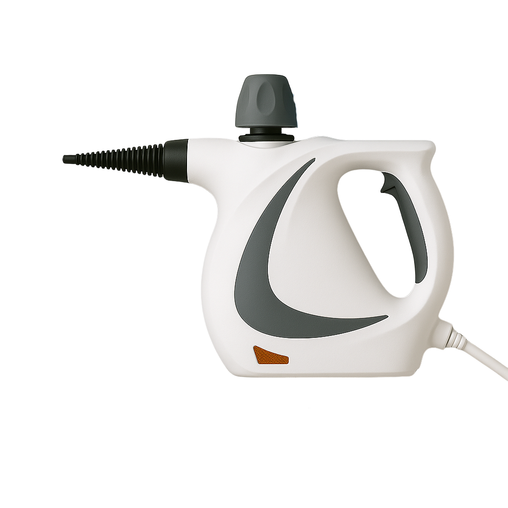 White handheld steam cleaner with a black nozzle and gray accents.