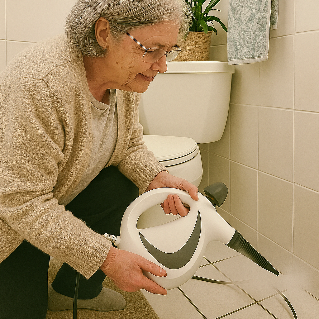 Elderly woman using a steam cleaner on bathroom floor tiles.