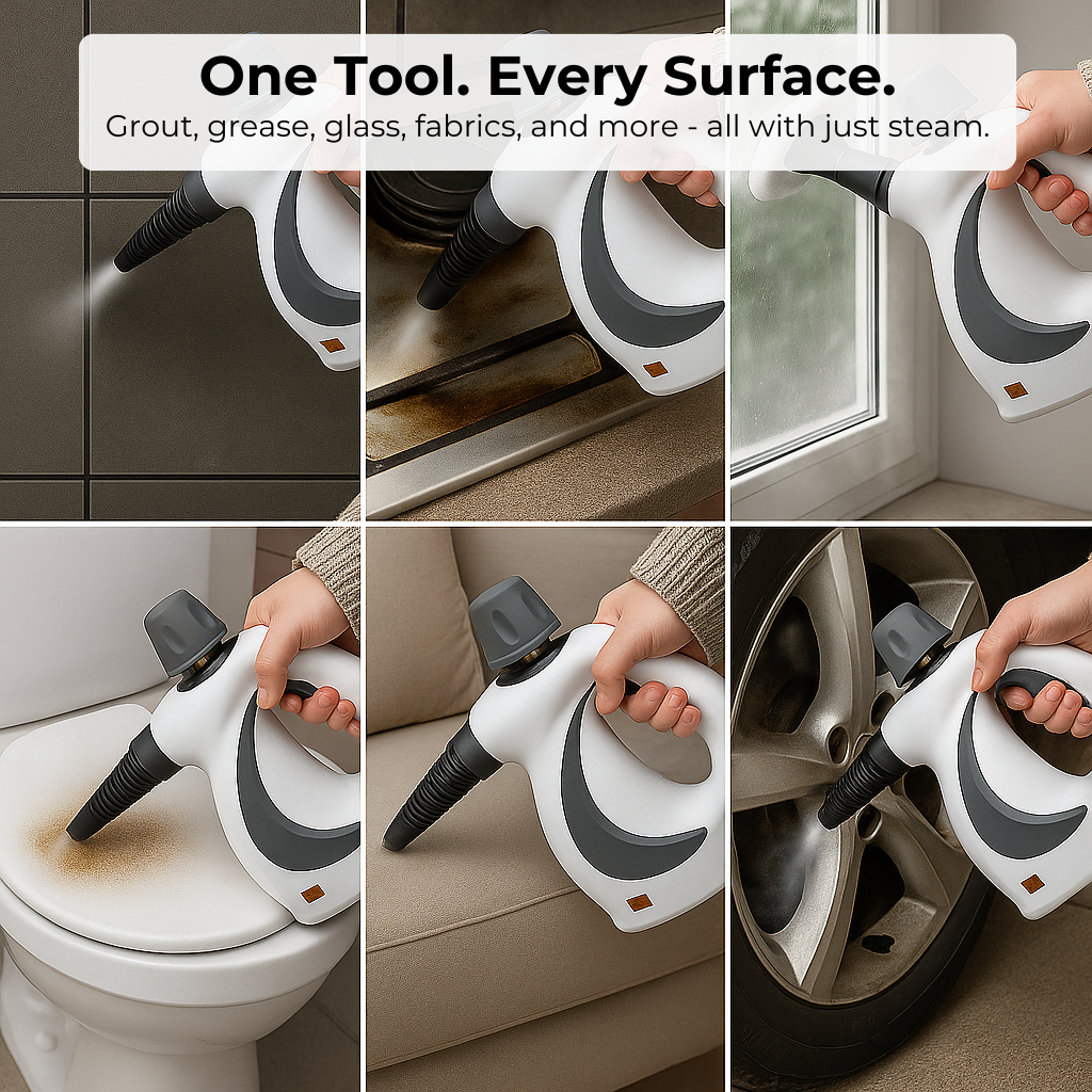 Collage of a steam cleaner used on various surfaces: tiles, stove, window, toilet, couch, and car wheel.