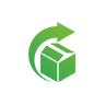 Green recycling symbol with an arrow around a cube.